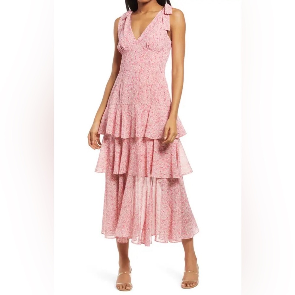 Wayf Pink Floral Tiered Midi Dress